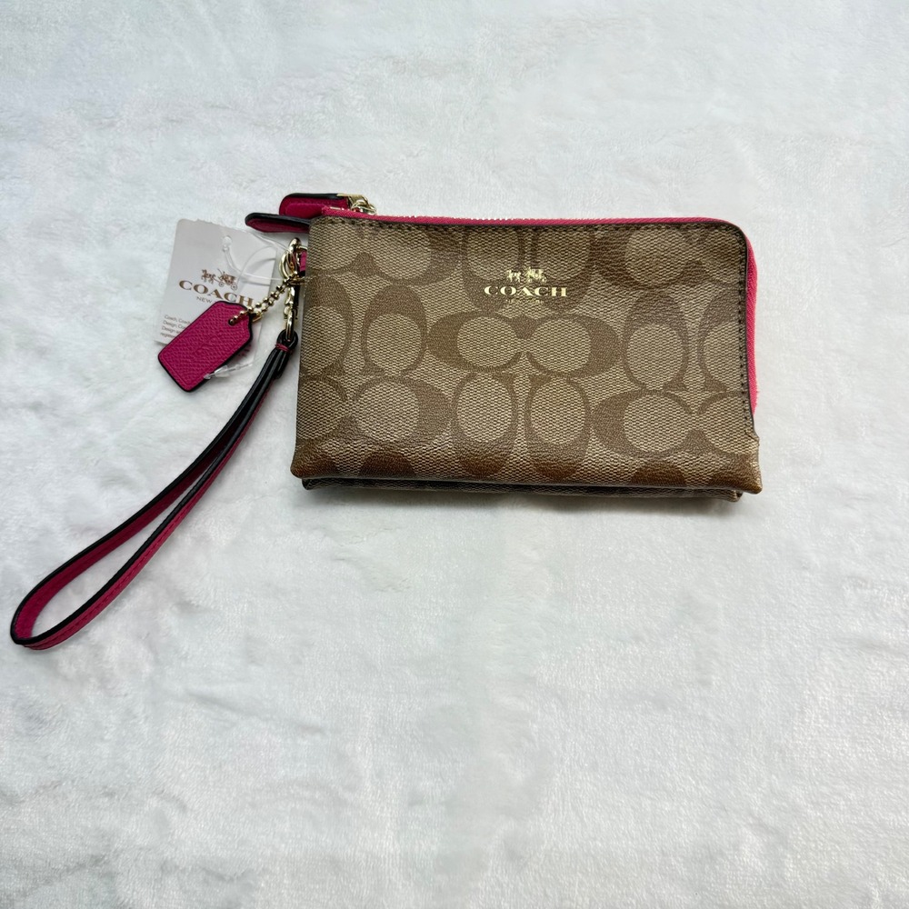 Coach Double Corner Zip Wristlet Khaki Signature Canvas Pink Zipper Accents NWTS